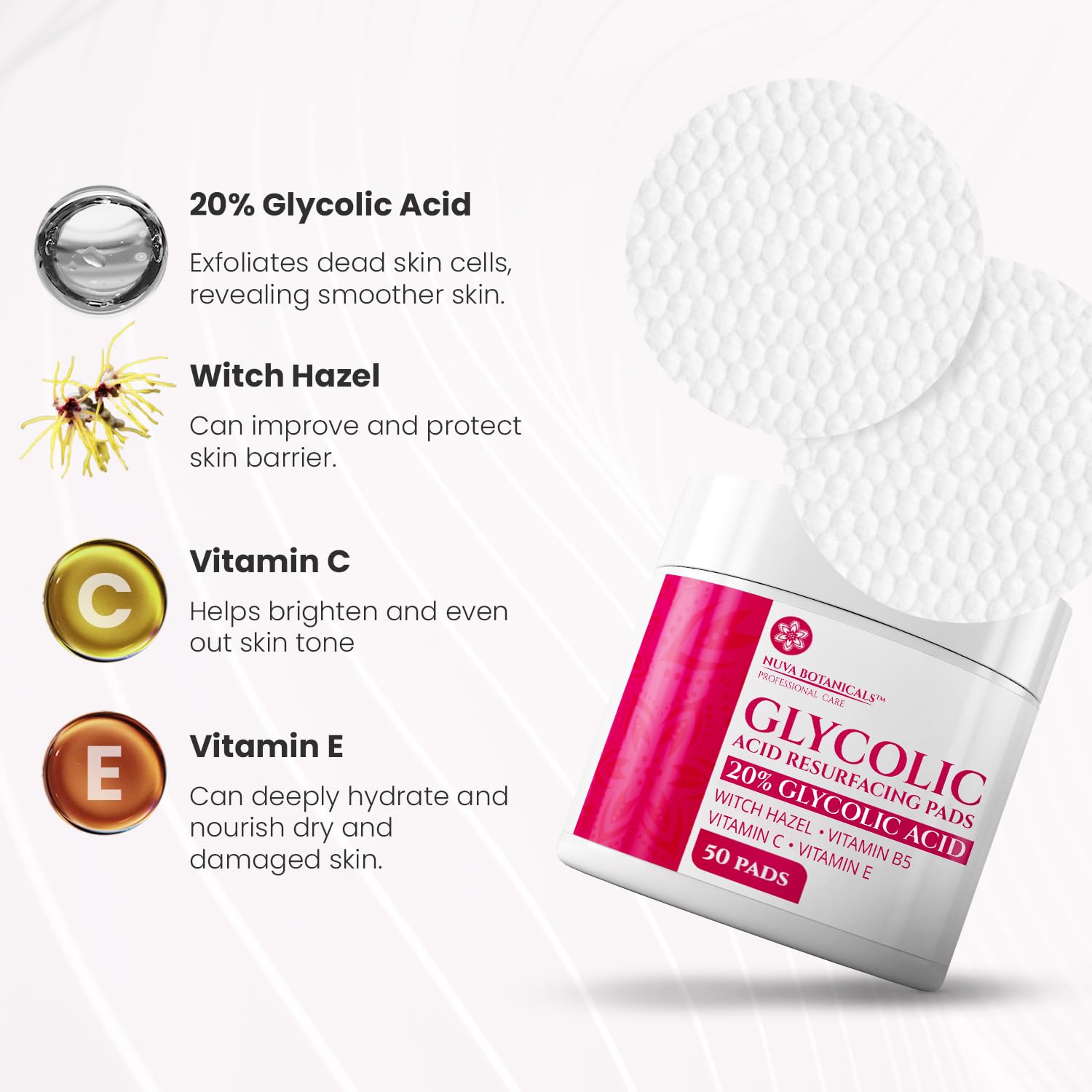 Discos exfoliantes Nuva Botanicals 20% glicólico para textura suave de la piel.