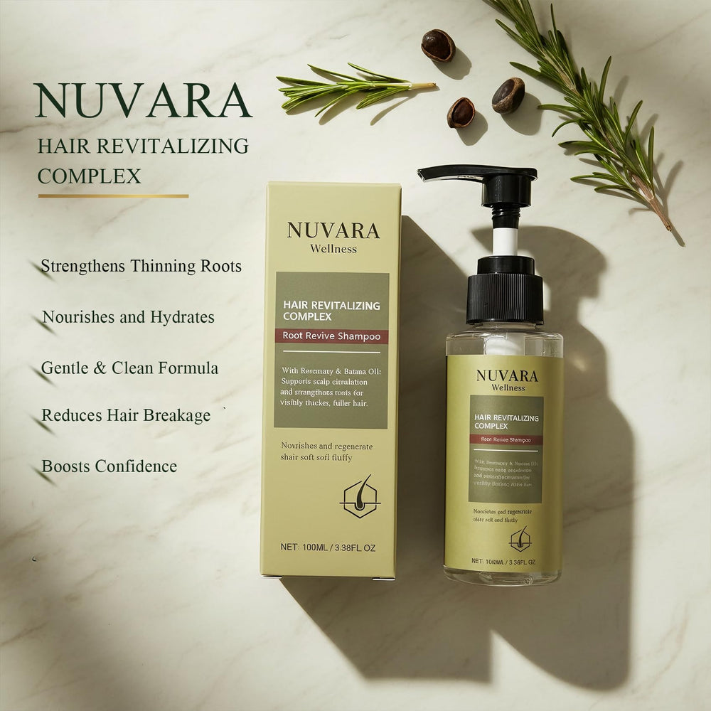 Étiquette du Shampoing Nuvara Root Revival, guide d'utilisation pratique.