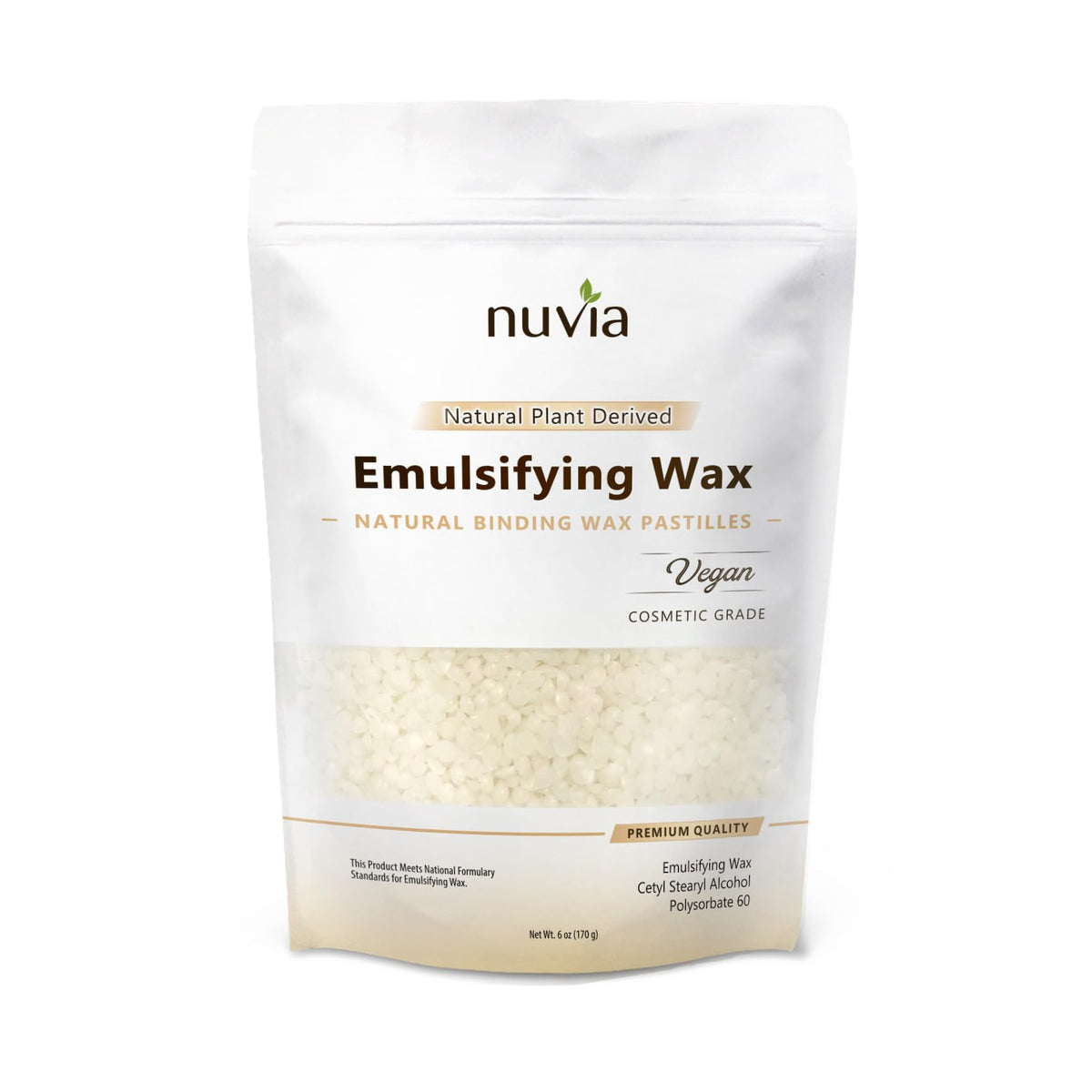 Nuvia Organics Cera Emulsificante, envase seis onzas, emulsifica agua y aceite en cosméticos y alimentos.