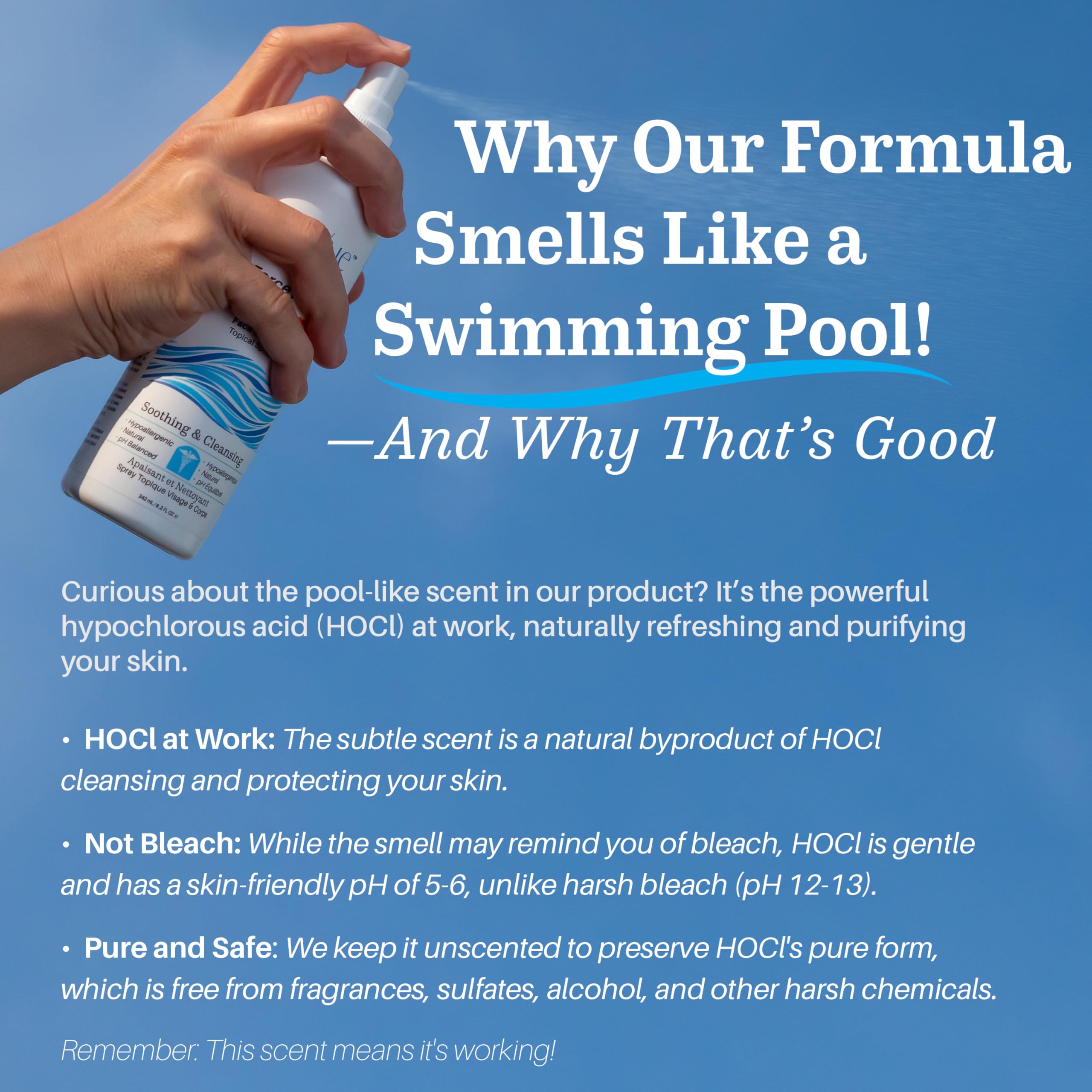 NuVue BioForce HOCl spray para cuello y pecho, limpieza suave.