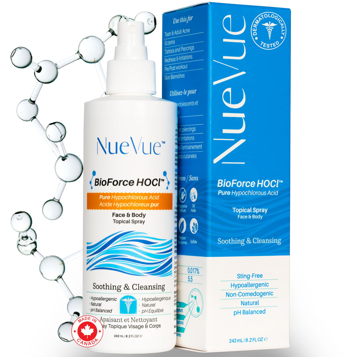 NuVue BioForce HOCl spray para rostro, calma y refresca la piel.