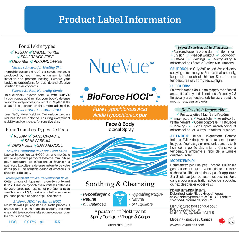 NuVue BioForce HOCl spray para uso diario, confort ligero.
