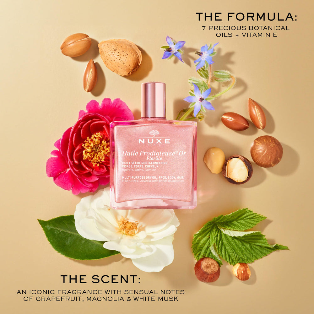 Nuxe Huile Prodigieuse Floral, efecto irisado para iluminación de la piel.