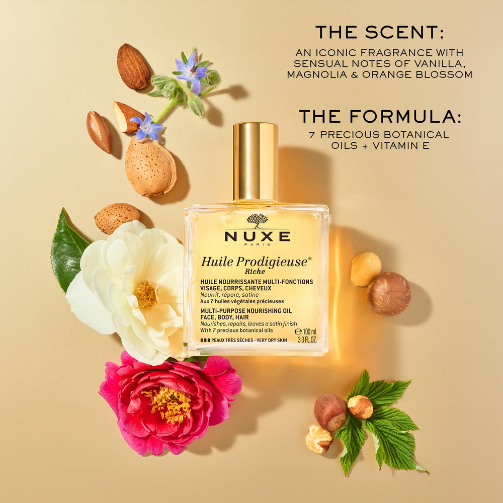 Nuxe Huile Prodigieuse Riche : arôme solaire pour un moment sensoriel.