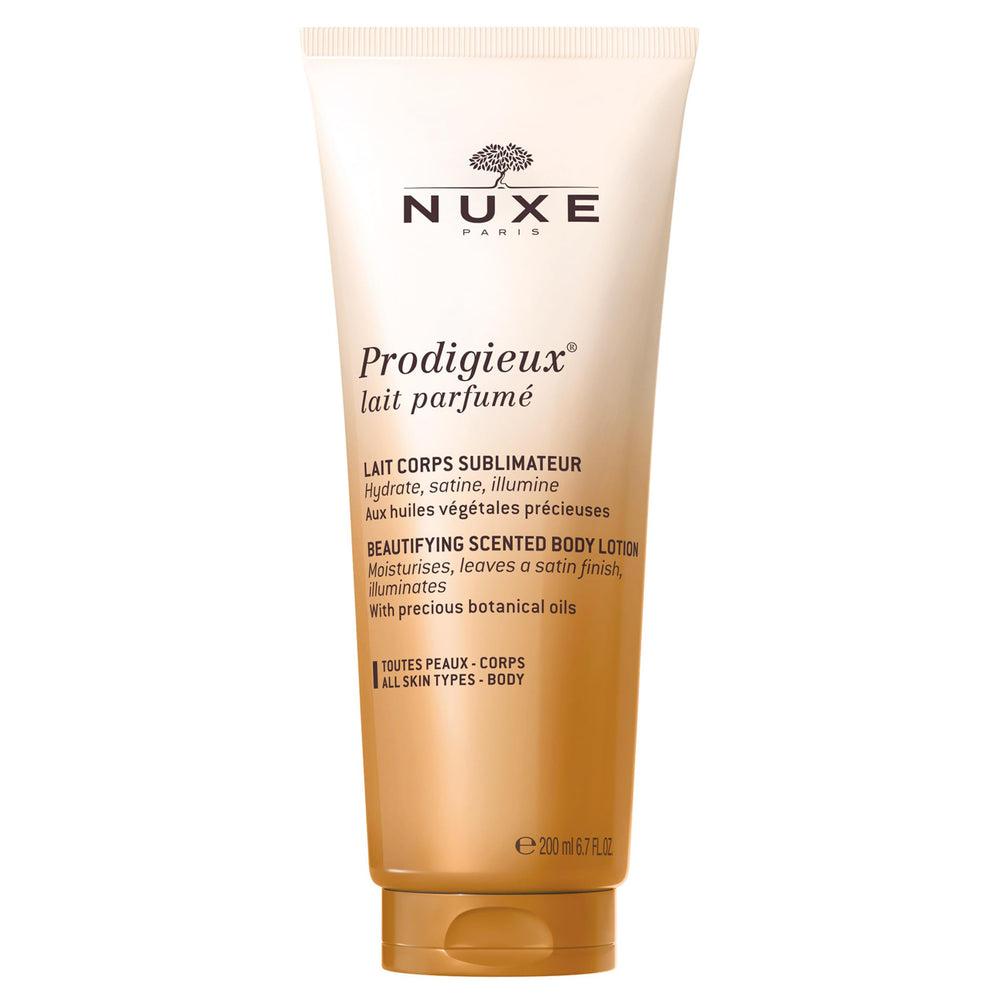 Nuxe Prodigieux locion corporal satinada para piel suave y luminosa.
