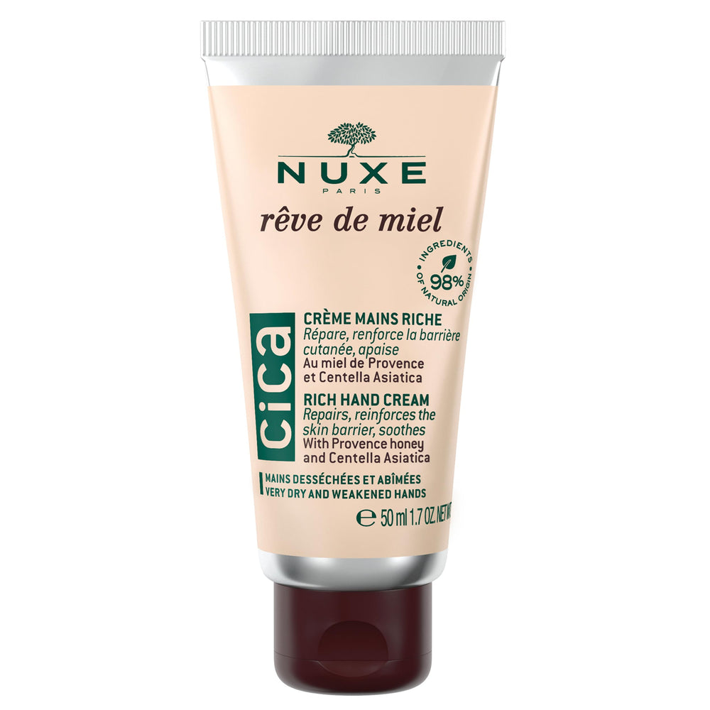Nuxe Rêve de Miel Cica, envase visible, hidratación suave para manos secas.