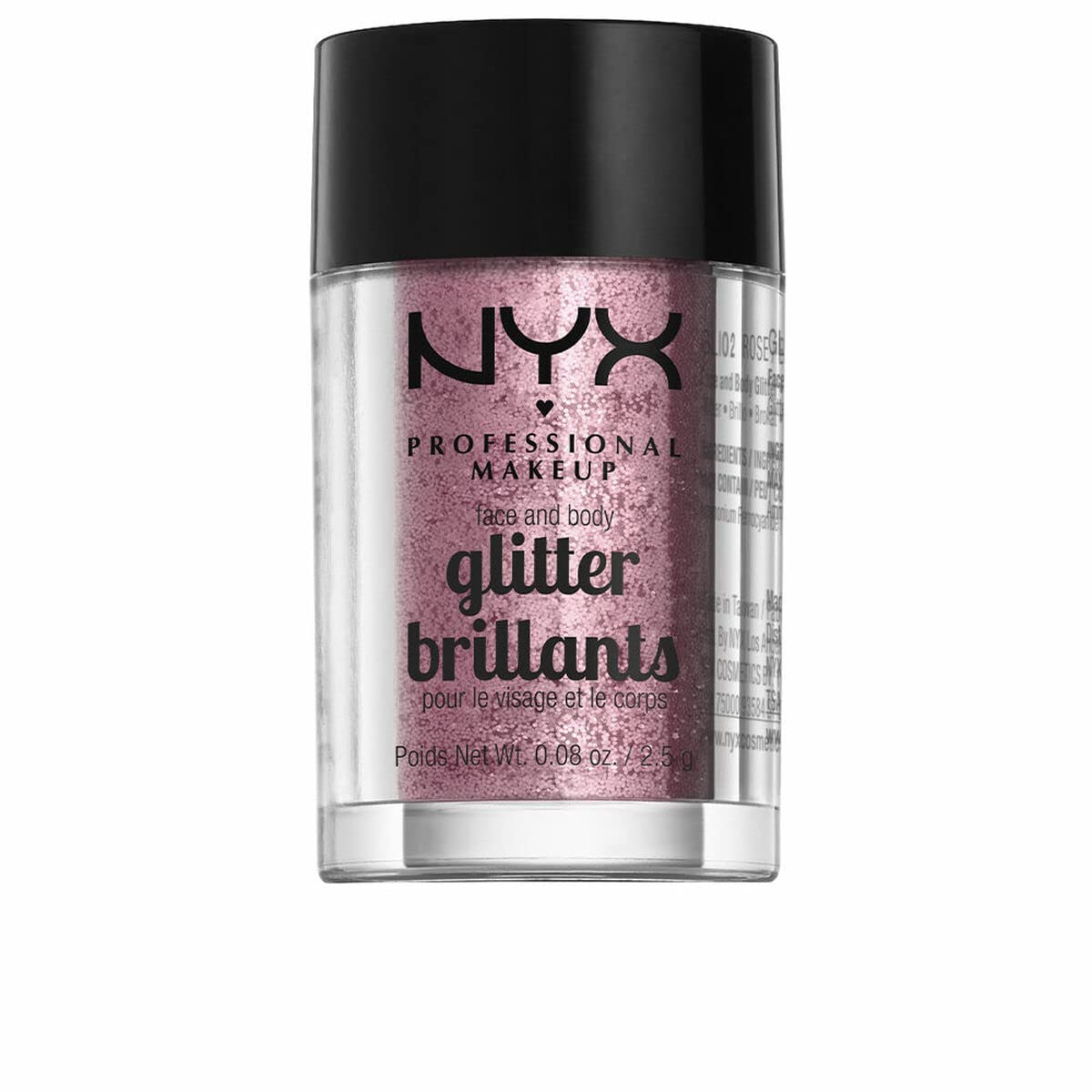 NYX Brillo para cara y cuerpo tono rosa, ideal para looks glam.