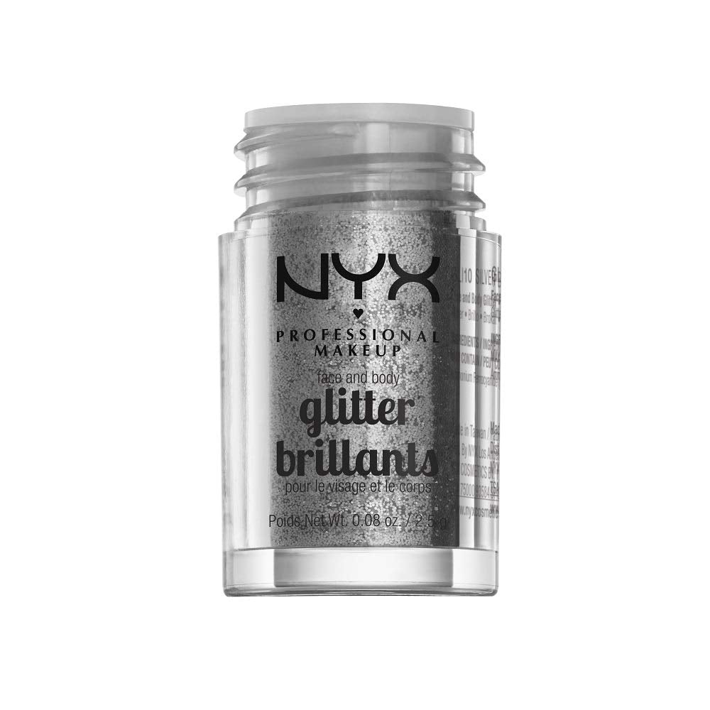 Brillo NYX para cara y cuerpo, plateado, acentos brillantes.