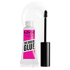 NYX Brow Glue transparente en envase, fijación duradera para cejas definidas.