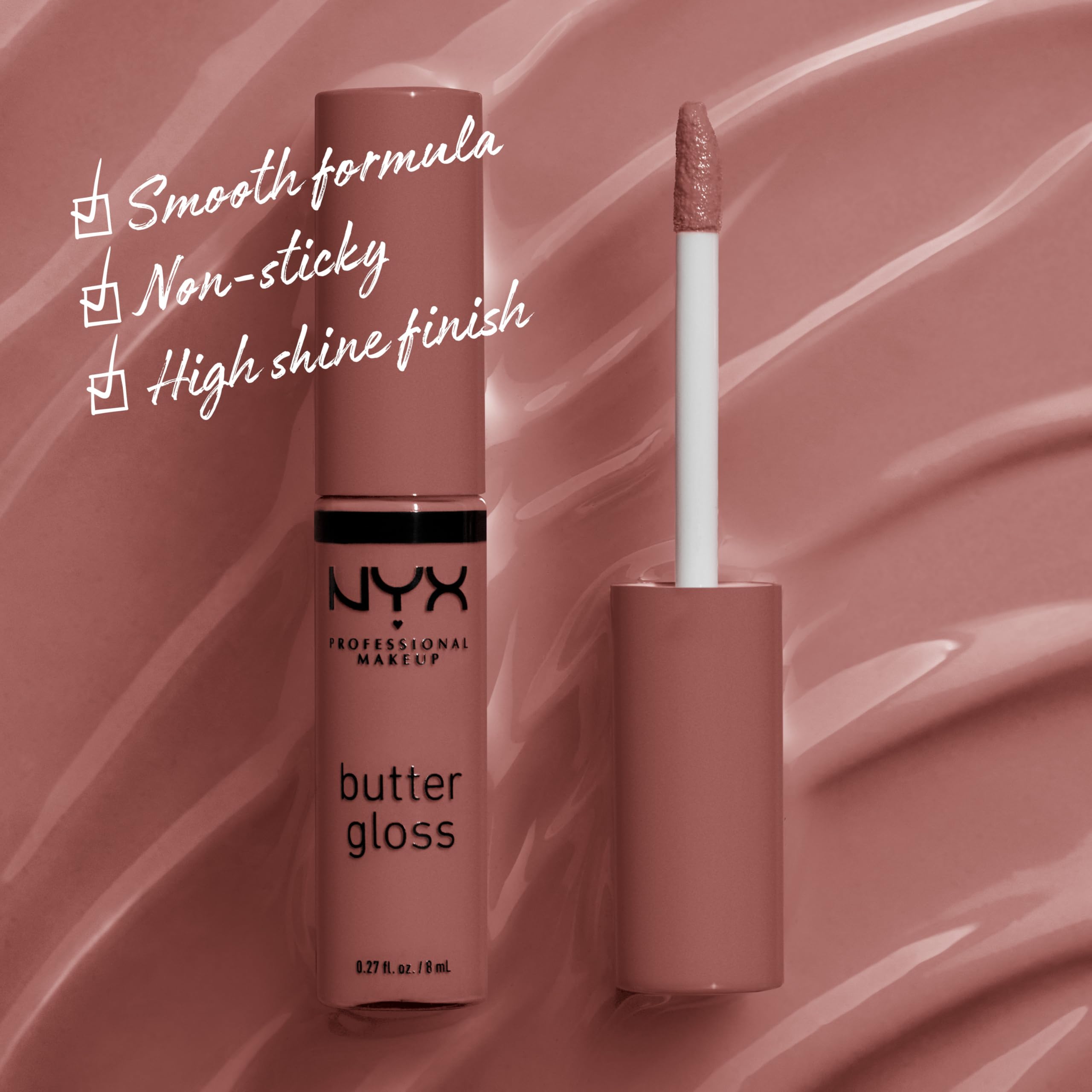 NYX Butter Gloss Brown Sugar, tono marrón-mauve, brillo suave para look natural