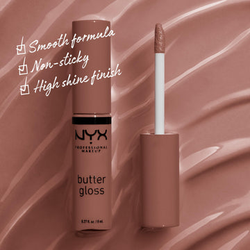 NYX Butter Gloss Brown Sugar, aplicación labial para brillo suave y cómodo.