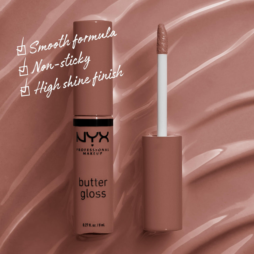 NYX Butter Gloss Brown Sugar, aplicación labial para brillo suave y cómodo.