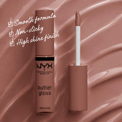NYX Butter Gloss Brown Sugar, aplicación labial para brillo suave y cómodo.