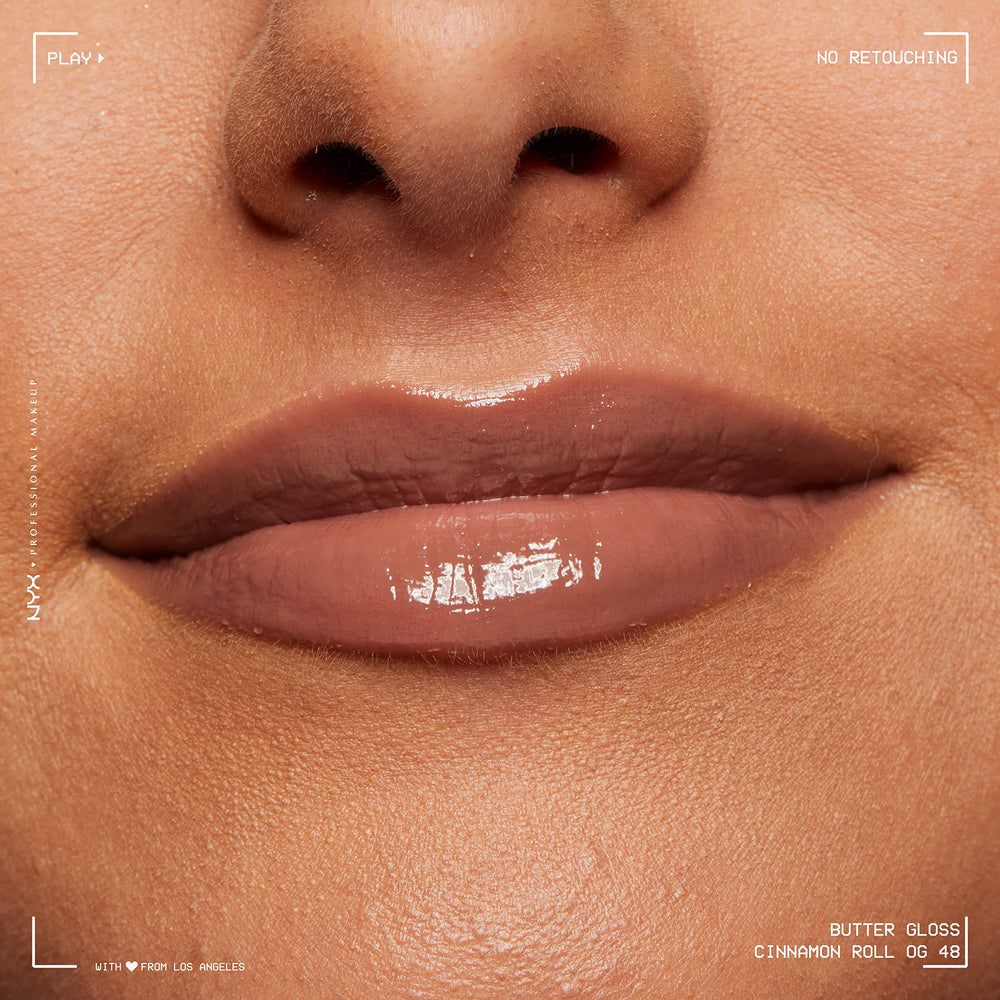 Brillo luminoso de NYX Butter Gloss Brown Sugar para labios con cuerpo.