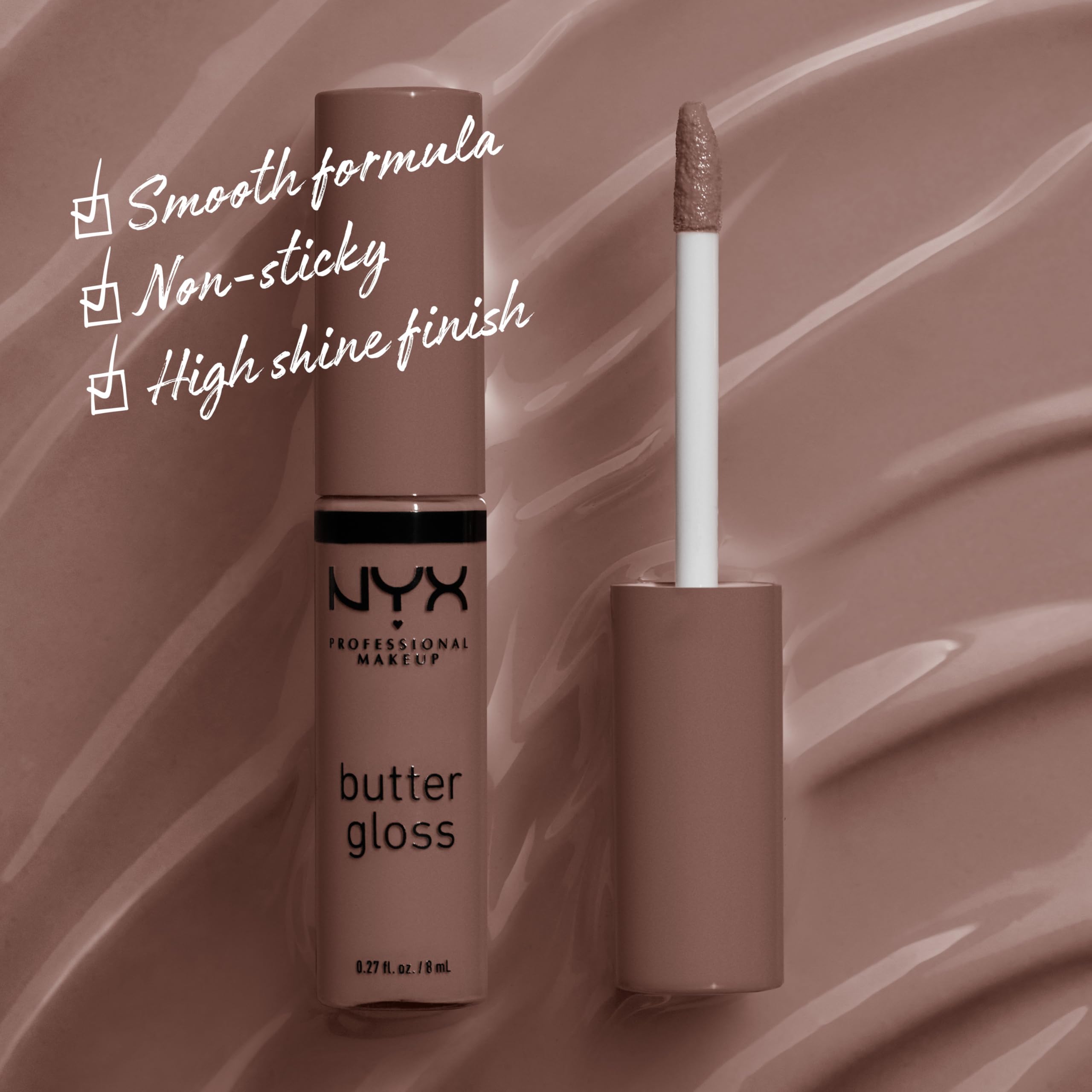 NYX Butter Gloss Brown Sugar en tono caramelo para labios.