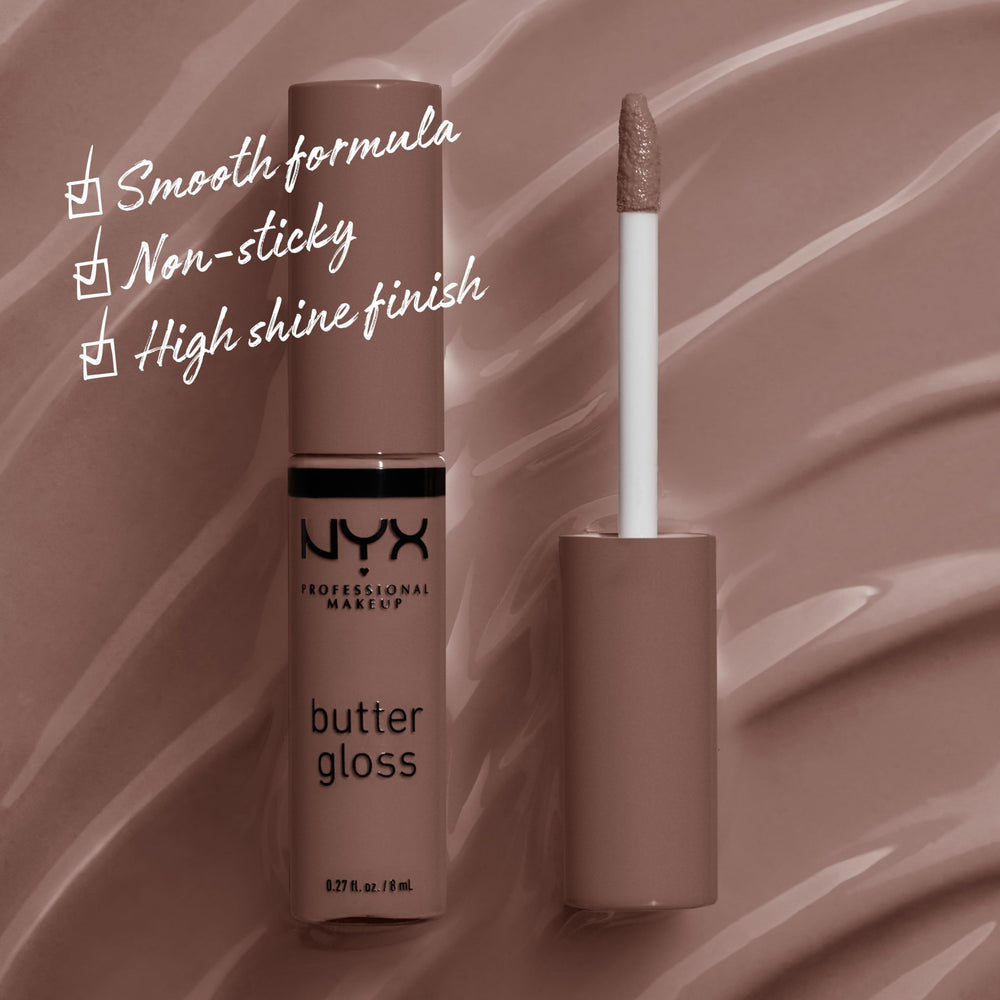 NYX Butter Gloss Brown Sugar en tono caramelo para labios.