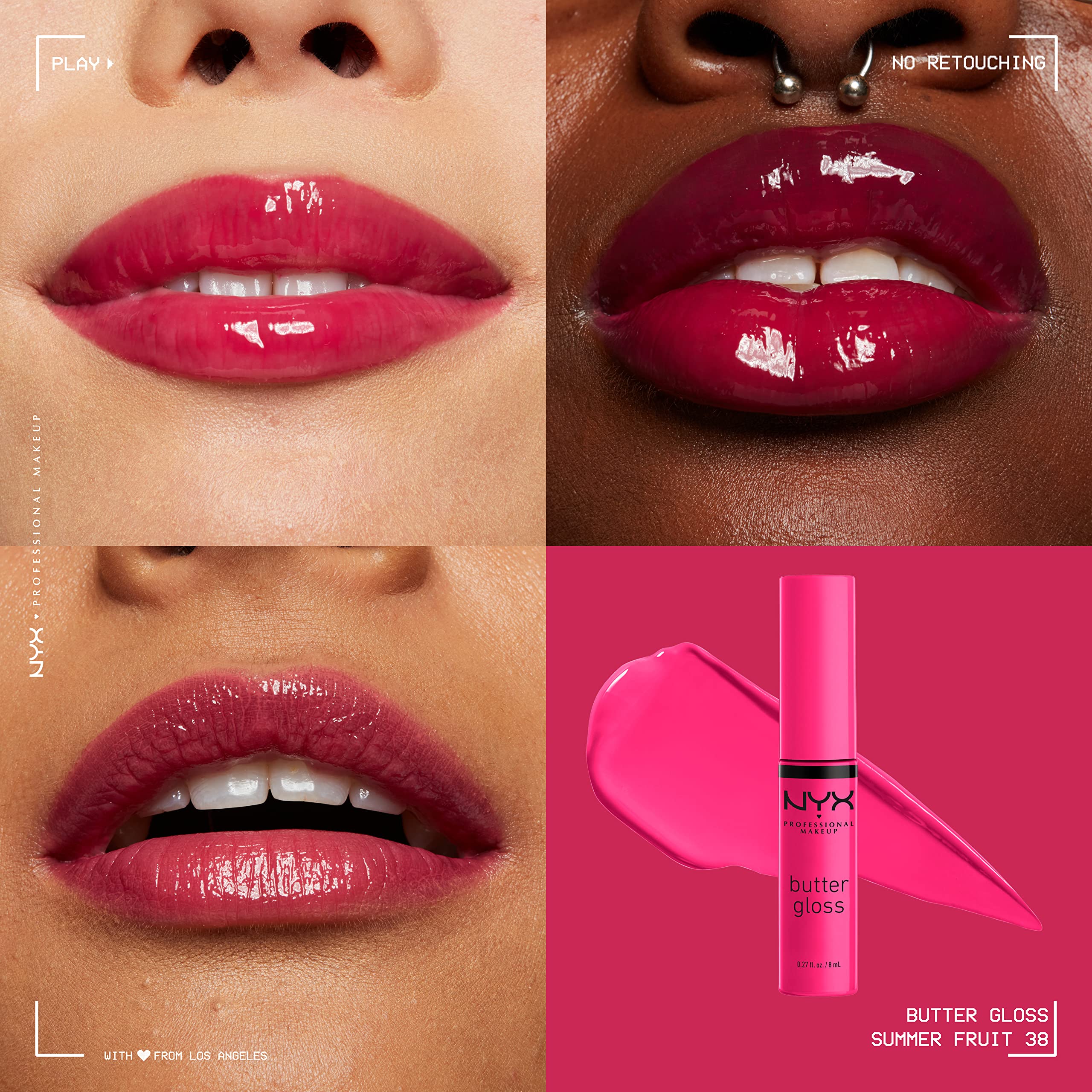 NYX Butter Gloss ofrece cobertura ligera a media en tonos variados.