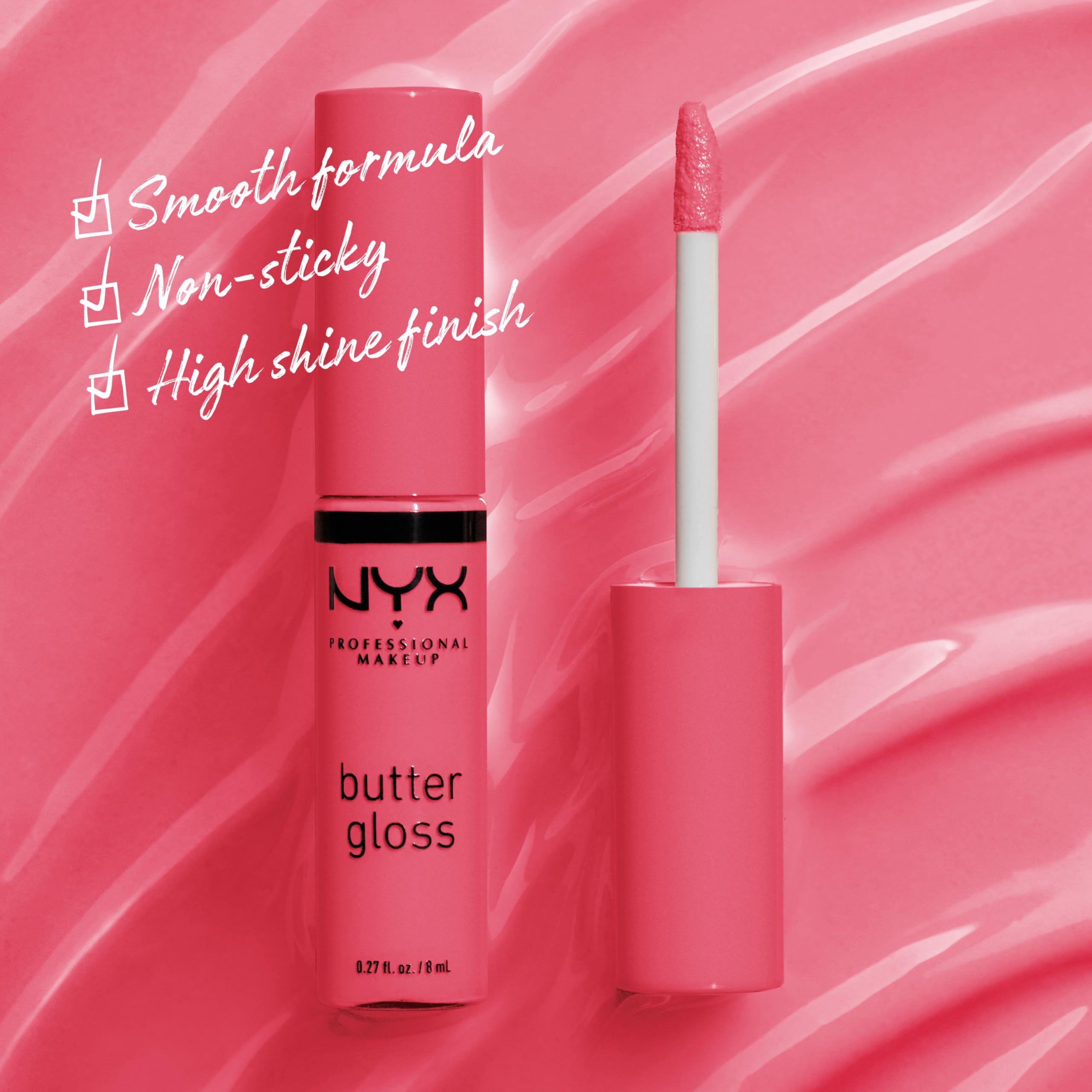 NYX Butter Gloss color rosado coral para un aspecto ligero