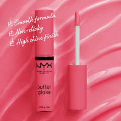NYX Butter Gloss color rosado coral para un aspecto ligero