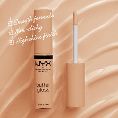 Aplicación cremosa de NYX Butter Gloss Fortune Cookie para un acabado uniforme