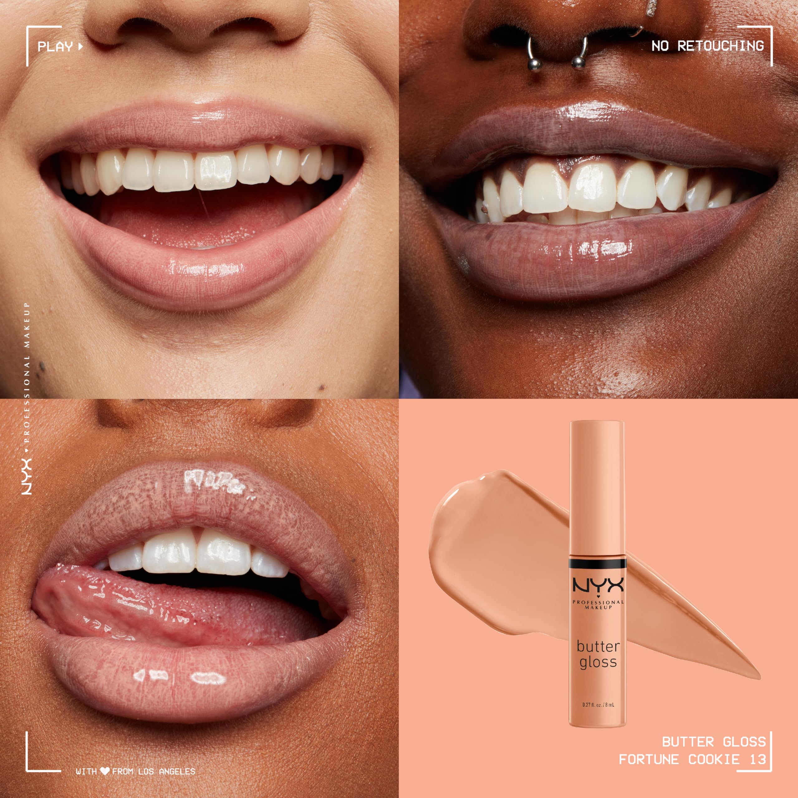 Labios sedosos con NYX Butter Gloss Fortune Cookie y color natural