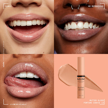 Labios sedosos con NYX Butter Gloss Fortune Cookie y color natural