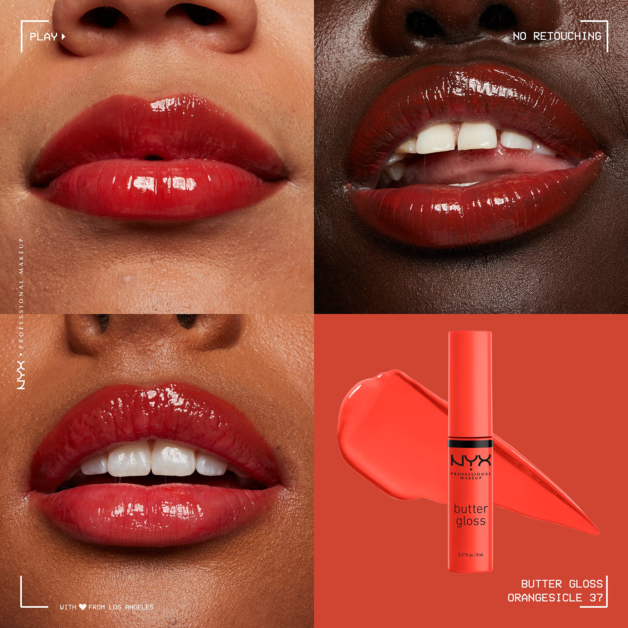 NYX Butter Gloss Orangesicle aporta color deslumbrante sin efecto grumoso.