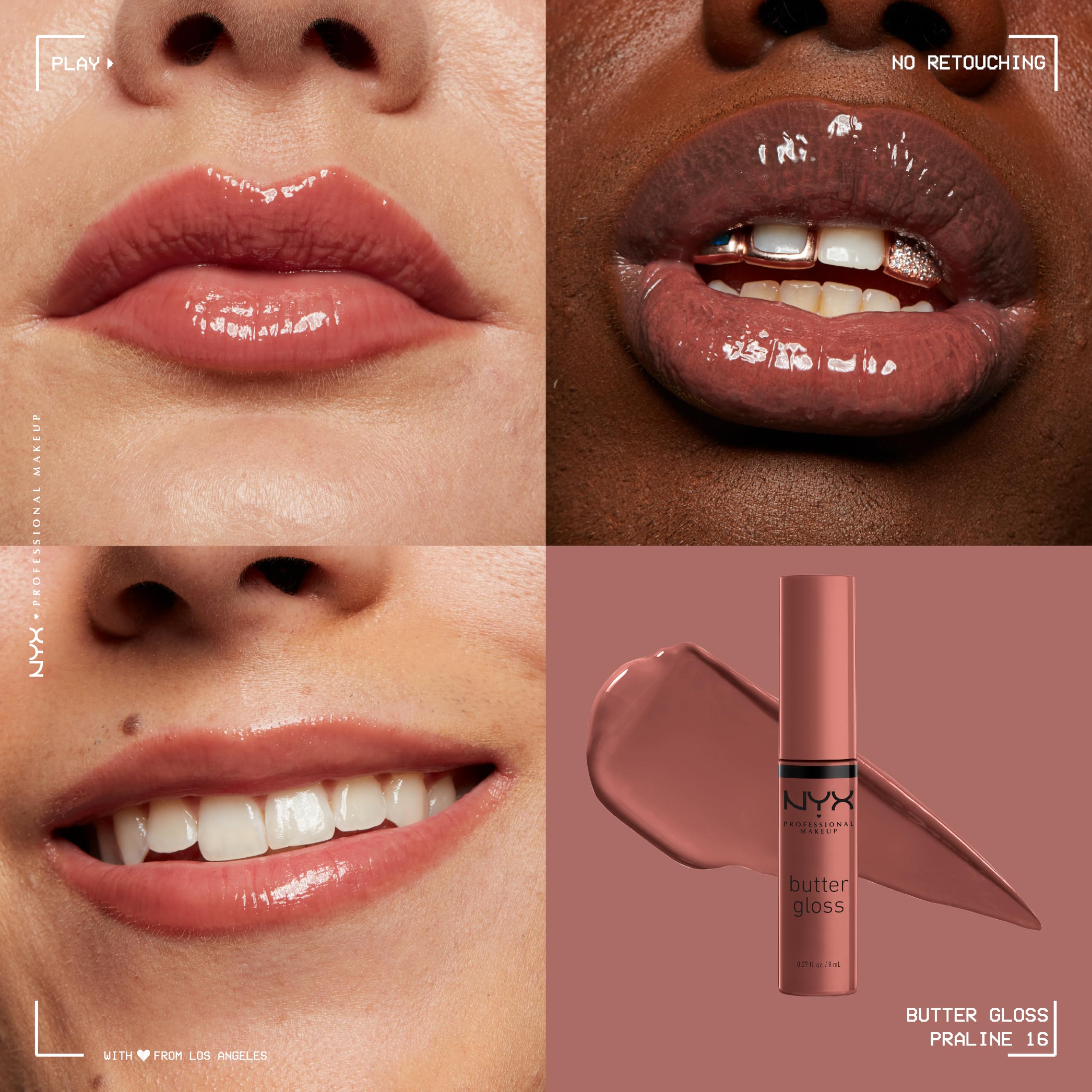 Brillo sutil de NYX Butter Gloss Praline para un toque luminoso.