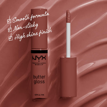 Textura cremosa de NYX Butter Gloss Praline para comodidad todo el día.