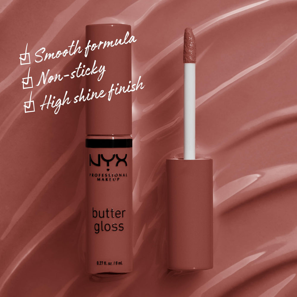 Textura cremosa de NYX Butter Gloss Praline para comodidad todo el día.