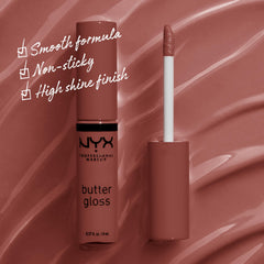 Textura cremosa de NYX Butter Gloss Praline para comodidad todo el día.