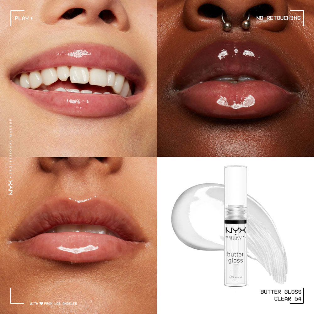 NYX Butter Gloss Sugar Glass: acabado claro y elegante para looks.