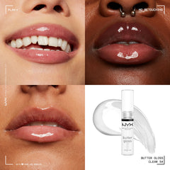 NYX Butter Gloss Sugar Glass: acabado claro y elegante para looks.