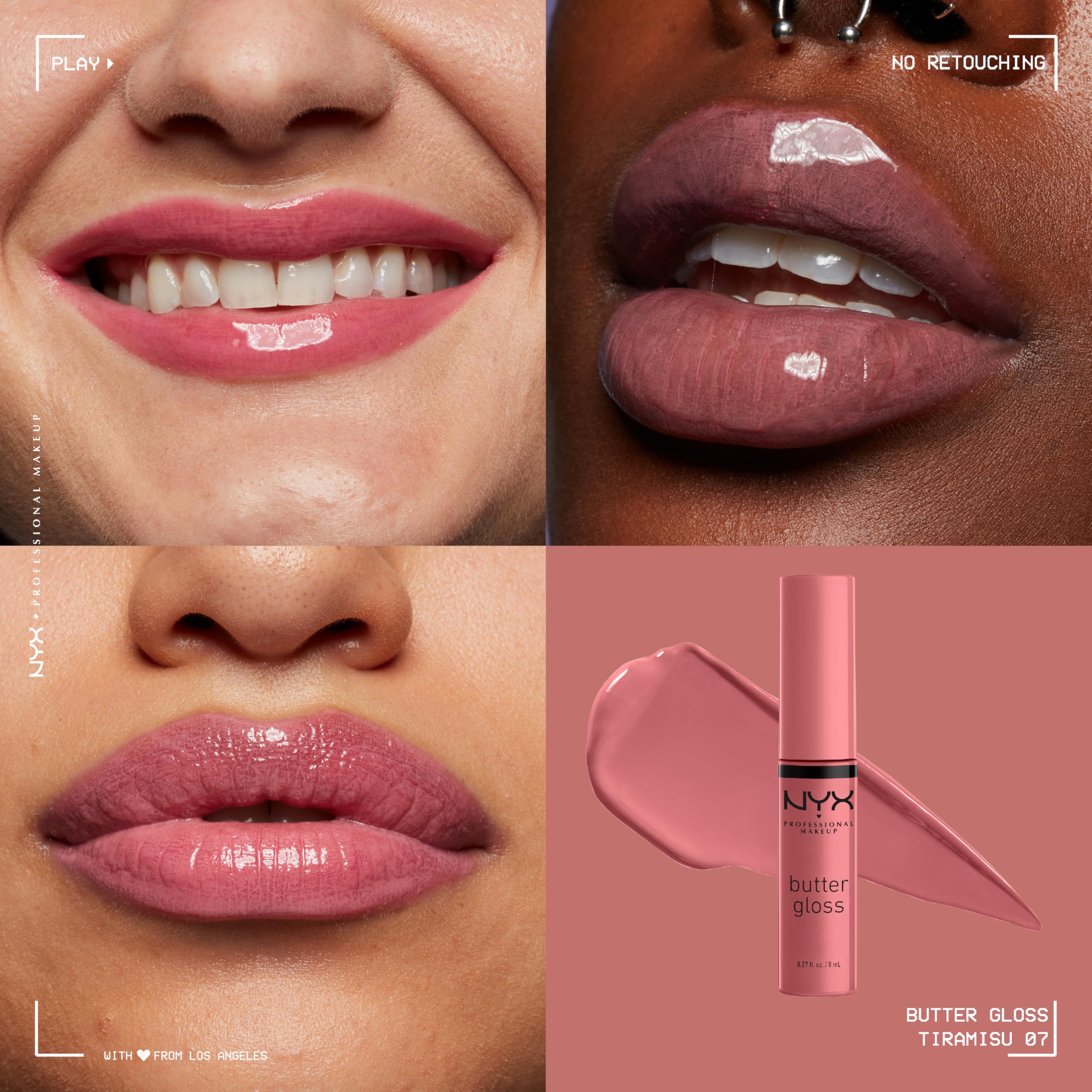 NYX Butter Gloss Tiramisu, brillo duradero sin resecar los labios.