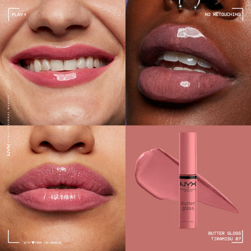 NYX Butter Gloss Tiramisu, brillo duradero sin resecar los labios.