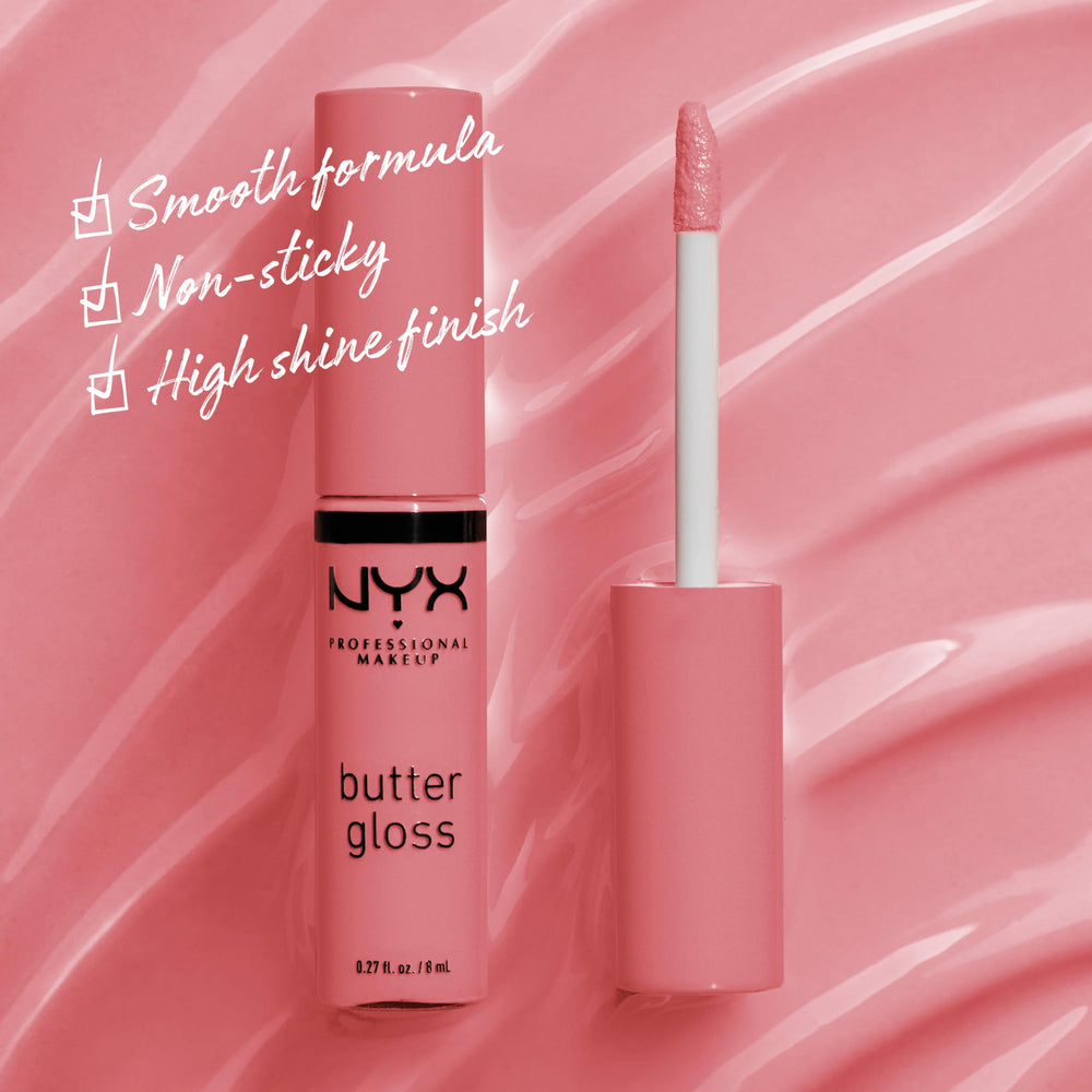 NYX Butter Gloss Tiramisu, textura cremosa que ofrece brillo ligero y cómodo.