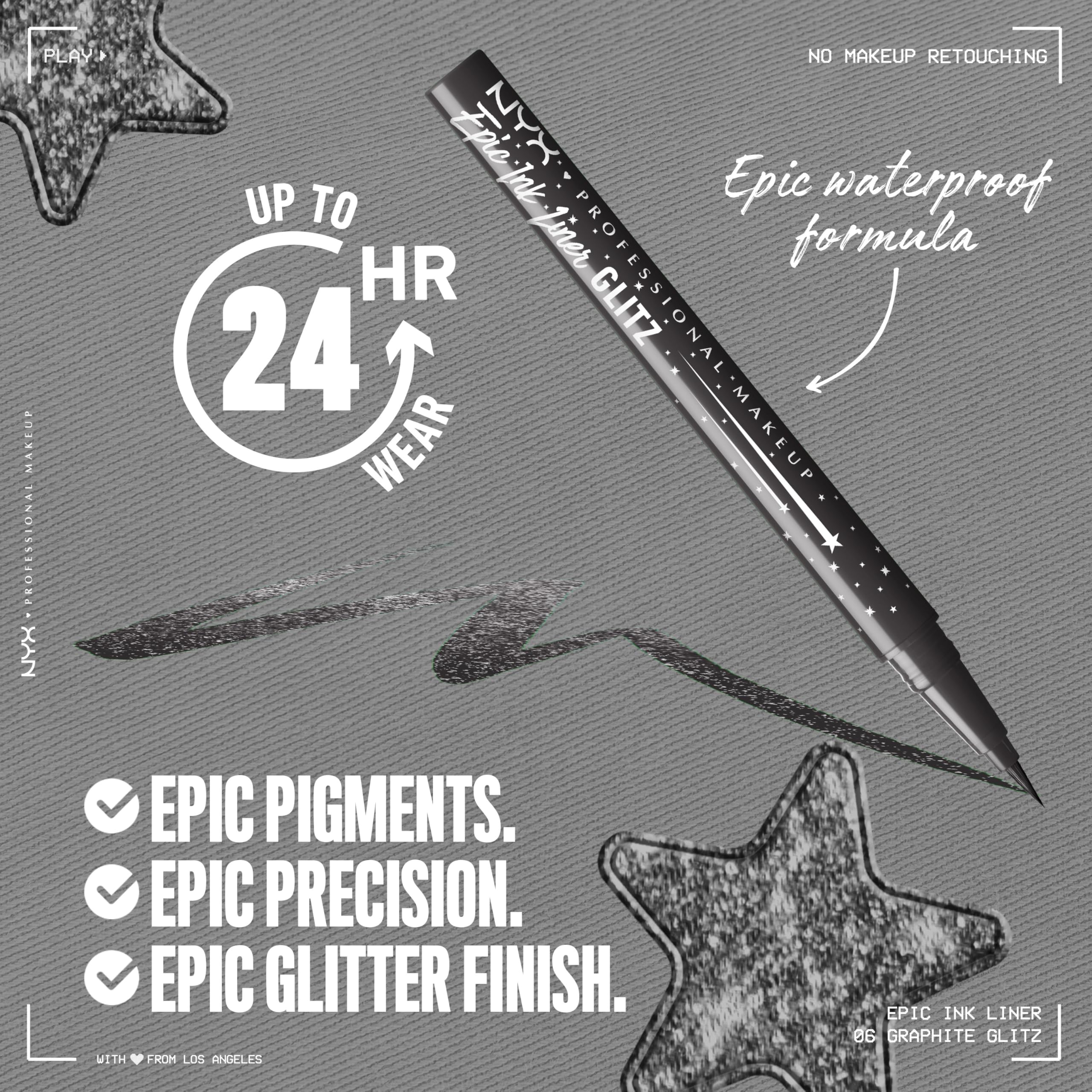 NYX Epic Ink Glitz delineador Graphite Glitz, acabado metálico resistente al agua para climas húmedos.