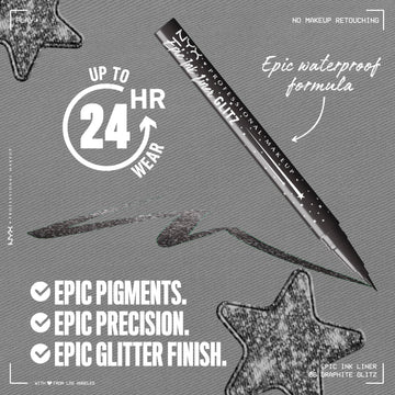 NYX Epic Ink Glitz delineador Graphite Glitz, acabado metálico resistente al agua para climas húmedos.