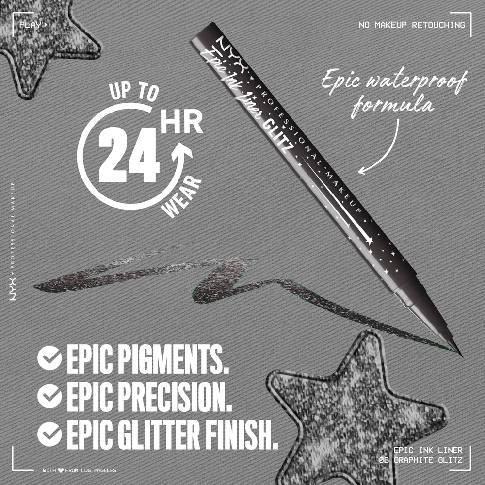 NYX Epic Ink Glitz delineador Graphite Glitz, acabado metálico resistente al agua para climas húmedos.