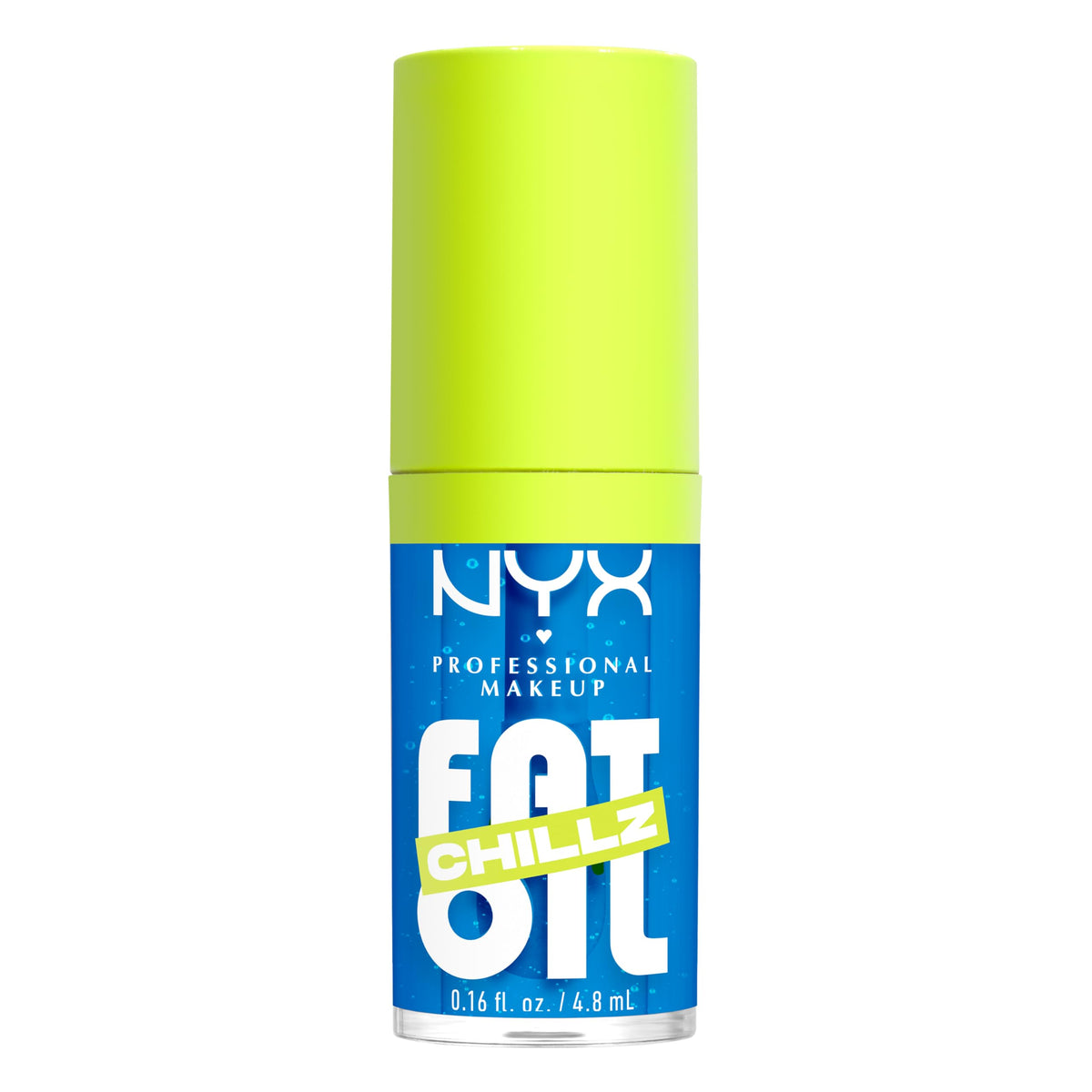 NYX Fat Oil Chillz: botella con brillo azulado y acabado translúcido para labios.
