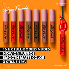 Labial NYX Lip Lingerie XXL Matte Hot Caramelo, aplicación de color en los labios.