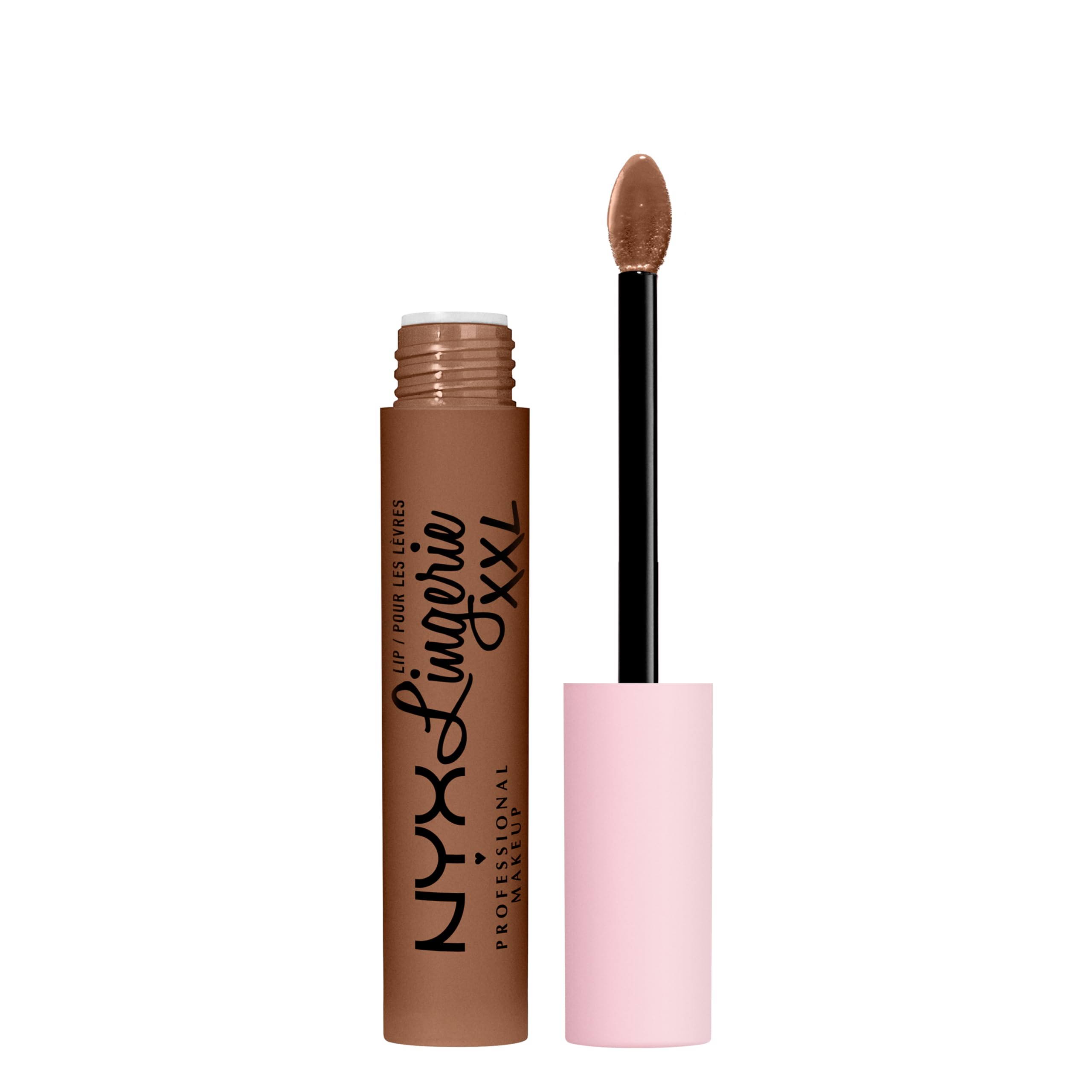 Labial NYX Lip Lingerie XXL Matte Hot Caramelo, empaque y aplicador para aplicación suave.