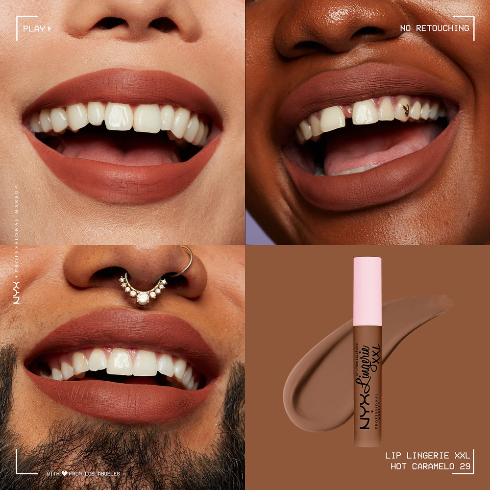 Labial NYX Lip Lingerie XXL Matte Hot Caramelo, tono cálido para pieles variadas.