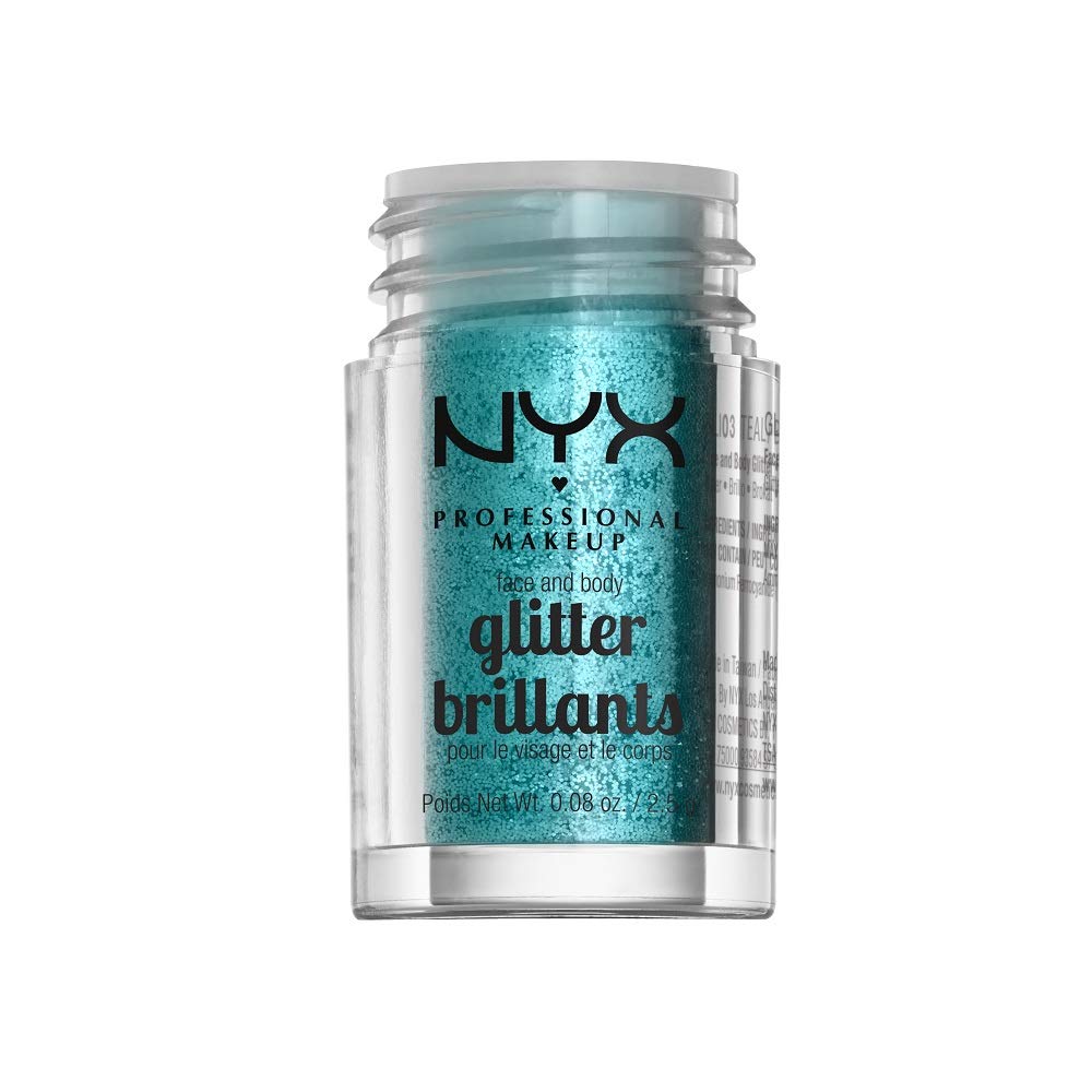 Brillo suelto NYX Teal listo para uso rápido en rostro y cuerpo.