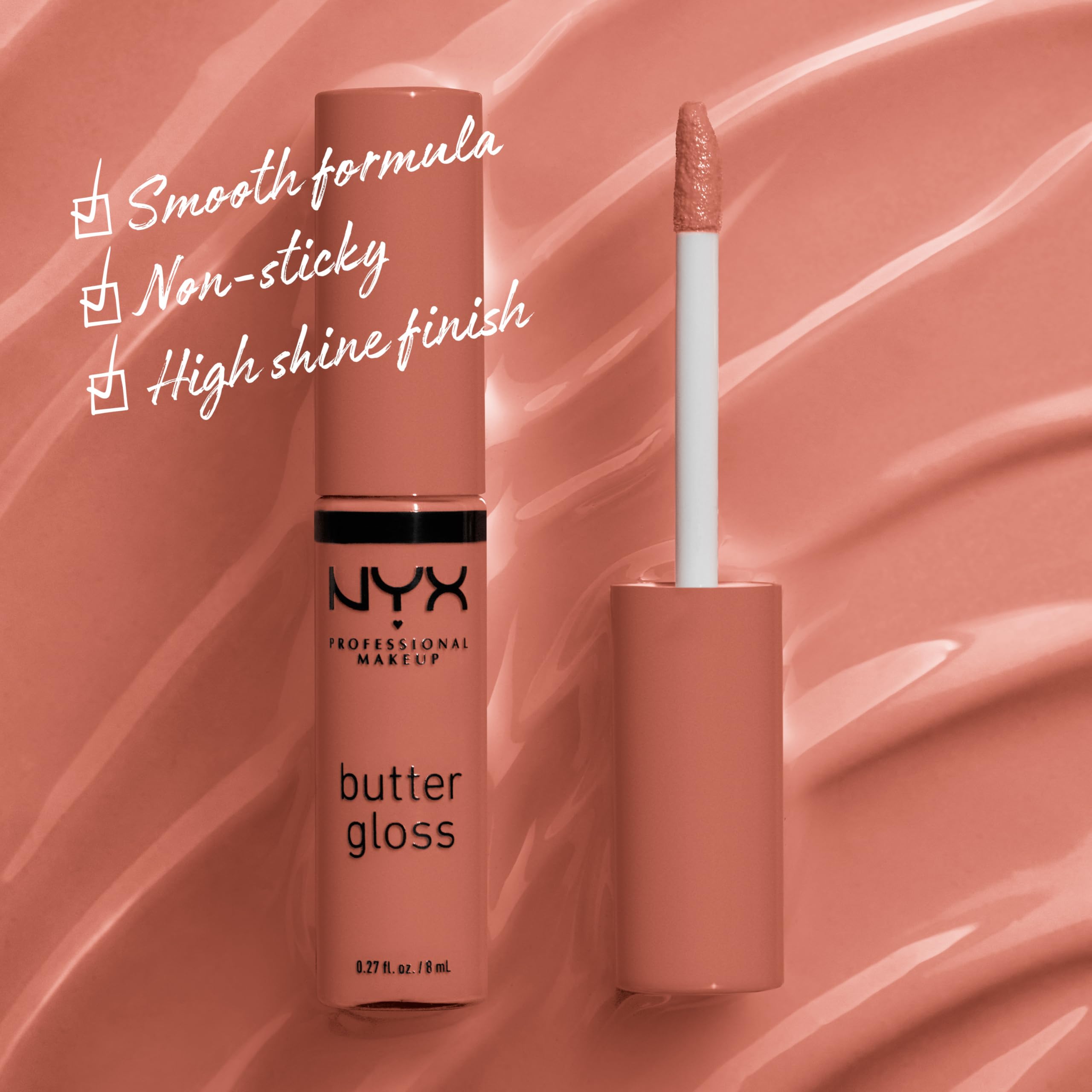 NYX Butter Gloss Brown Sugar, textura cremosa que desliza y deja brillo sedoso.