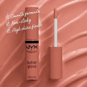 NYX Butter Gloss Brown Sugar, textura cremosa que desliza y deja brillo sedoso.