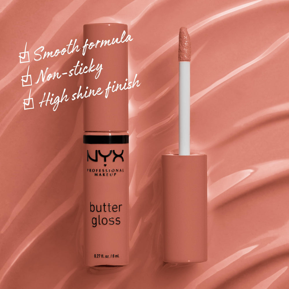 NYX Butter Gloss Brown Sugar, textura cremosa que desliza y deja brillo sedoso.