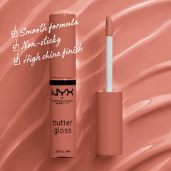 NYX Butter Gloss Brown Sugar, textura cremosa que desliza y deja brillo sedoso.