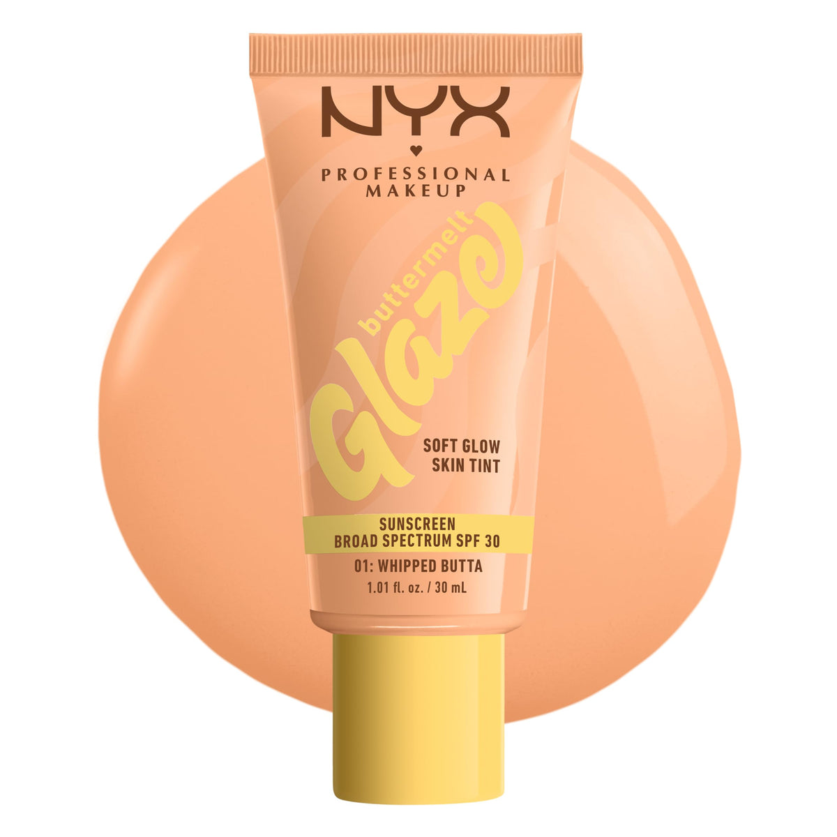 NYX Professional Makeup Buttermelt Glaze bottle demonstrates dewy glow with SPF 30.