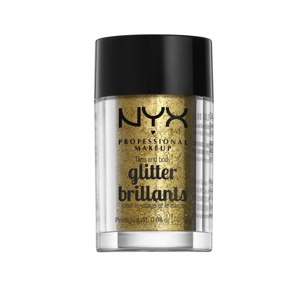 NYX PROFESSIONAL MAKEUP glitter dorado para cara y cuerpo, brillo suave para uso diario